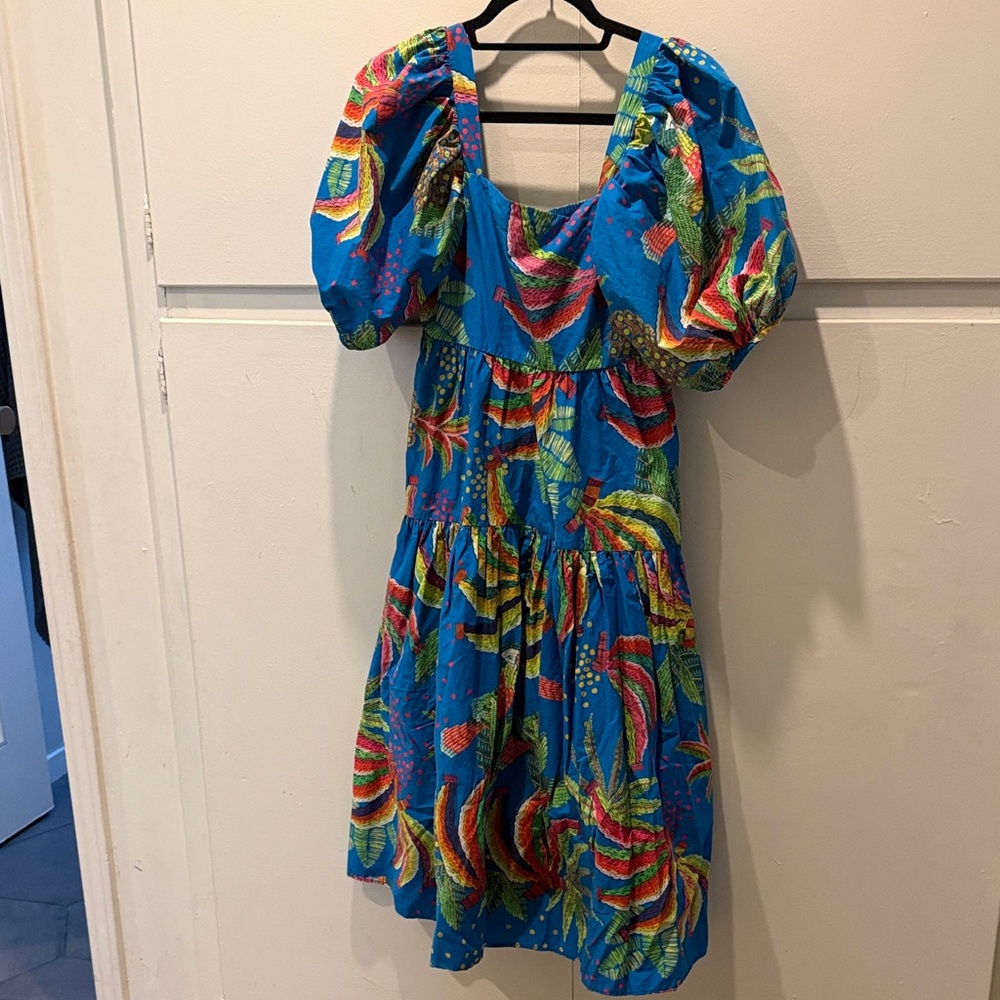 FARM Rio Blue Tropical Puff-Sleeve Midi Dress